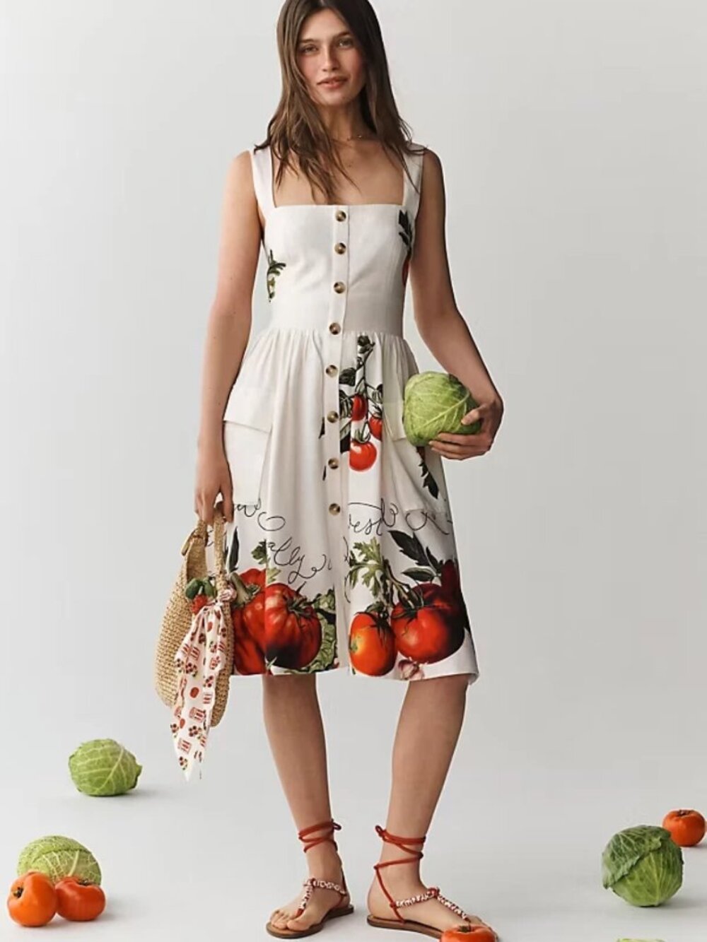 New Anthropologie Maeve Button-Front Fit & Flare Tomato Midi Dress Ivory S NWT